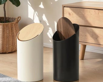Tall Cylindrical Bin with Wooden Swing Lid, Bathroom, Trash Can, Rubbish, Bin Storage, Home Decor Living Room, Home Living, Trash Bin