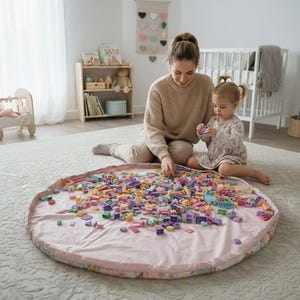 May include: A round, light pink play mat with a floral border, filled with colorful building blocks. A woman and a child are seated nearby, interacting with the blocks. The mat is on a patterned rug.
