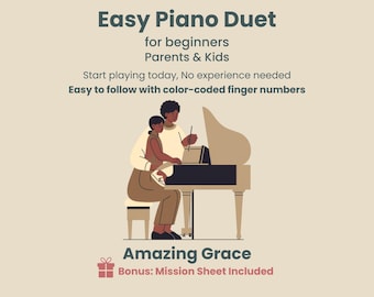 Amazing Grace | Duetto per pianoforte facile per principianti | Genitore e figlio | Pianoforte a 4 mani | Senza lettura delle note | PDF per bambini principianti