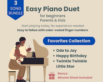 3 Duetti per pianoforte facili per principianti | Raccolta dei brani preferiti da genitori e figli | Pacchetto per pianoforte a 4 mani | Nessuna lettura delle note | Divertimento al pianoforte in famiglia