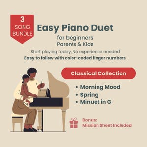Könnte beinhalten: Illustration für ein "Easy Piano Duet" für Anfänger und Eltern. Das Bild zeigt eine Person und ein Kind am Klavier, mit Text, der ein 3-Song-Bundle aus der "Classical Collection" hervorhebt, darunter "Morning Mood", "Spring" und "Minuet in G".