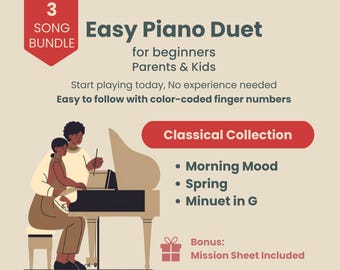 3 Duetti per pianoforte facili per principianti | Collezione di musica classica per genitori e figli | Pacchetto per pianoforte a 4 mani | Nessuna lettura delle note | Divertimento musicale in famiglia