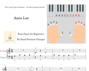 Spartiti per pianoforte facili di Aura Lee – Numeri delle dita per principianti, non è richiesta la lettura delle note