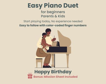 Buon compleanno | Duetto per pianoforte facile per principianti | Genitore e figlio | Pianoforte a 4 mani | Senza lettura delle note | PDF per bambini principianti