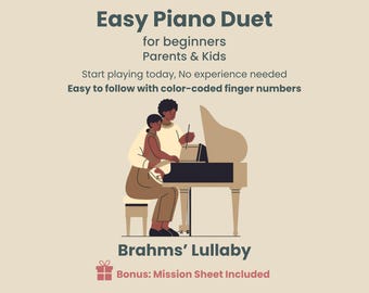 Ninna nanna di Brahms | Duetto per pianoforte facile per principianti | Genitore e figlio | Pianoforte a 4 mani | Senza lettura delle note | PDF per bambini principianti