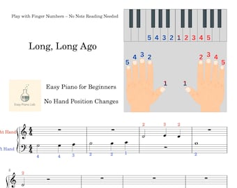 Long Long Ago - Spartito per pianoforte facile - Numeri delle dita per principianti, non è richiesta la lettura delle note