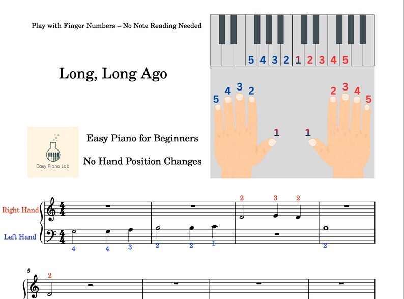 Long Long Ago Easy Piano Sheet Music – Finger Numbers for Beginners, No ...