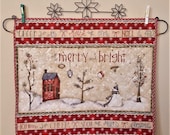 QUILTED CHRISTMAS table runner or wall hanging MERRY and Bright a Holiday banners with well wishes Snowmen snow covered evergreens ornaments