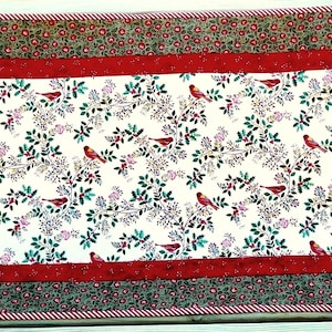Christmas Quilted Table Runner: Cardinals, Holly, Red Berries