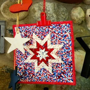 HOT PAD PATRIOTIC themed Quilted Folding Star Insulated Mug Rug Snack Mat Trivet to hang or tabletop Snack or Coffee Mat Kitchen gift