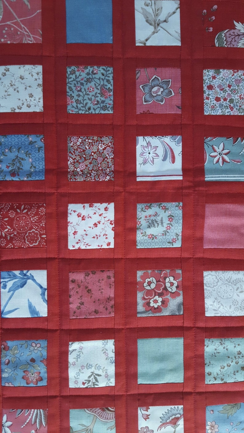 TABLE TOPPER QUILTED for sale homemade Home Decor/' Table Runner or Wall Hanging French General Moda fabrics Red for sashing and boraders