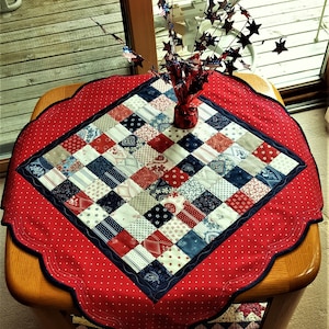 QUILTED PATRIOTIC TABLE runner for sale Independence Day Reversible Scalloped edges Moda fabrics, colors Red White with light and navy blues