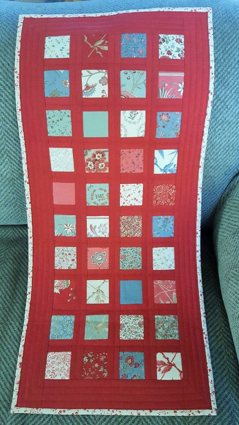 TABLE TOPPER QUILTED for sale homemade Home Decor/' Table Runner or Wall Hanging French General Moda fabrics Red for sashing and boraders