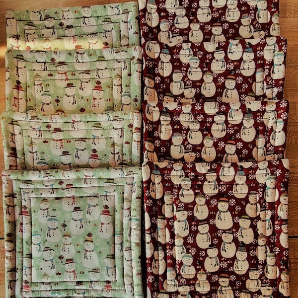 Quilted CHRISTMAS HOT PADS Xl Mug Rugs Snowmen Purchase one, two, four, six, eight for Holiday gifts Teacher Secret Santa St. Nick Eve Kids