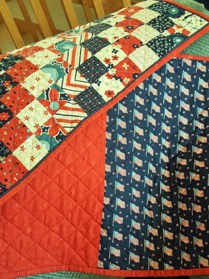 QUILTED PATRIOTIC Red White Blue for sale XLong table runner 4th of July, Memorial Day, Veteran's Day, Flag Day, bed runner Veteran's gift image 4