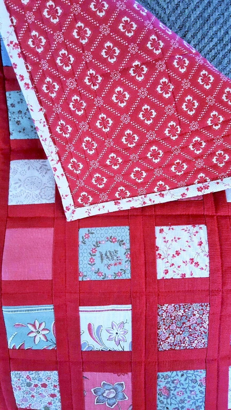 TABLE TOPPER QUILTED for sale homemade Home Decor/' Table Runner or Wall Hanging French General Moda fabrics Red for sashing and boraders