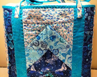 QUILTED FABRIC LARGE Shopping, Beach Tote bag Shades of Blue, White, Green, Black, Teal with 2 Handles Lightweight, Washable, Fold and Pack