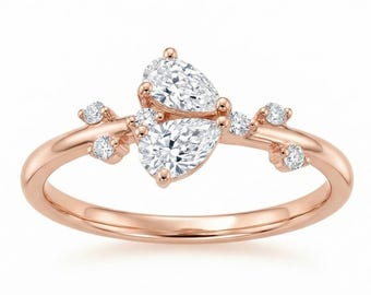 14K Gold Double Pear Diamond Ring – Dainty Teardrop Minimalist Jewelry