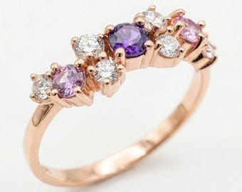 Anillo de oro de 14 quilates con amatista, zafiro rosa y diamantes, delicada joya apilable.