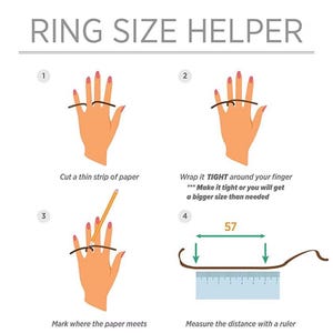 Puede incluir: Una gu&iacute;a de ayuda para tallas de anillos titulada "RING SIZE HELPER". La gu&iacute;a muestra c&oacute;mo medir un dedo para la talla de un anillo usando una tira de papel y una regla. La gu&iacute;a incluye los pasos: cortar papel, envolver apretado, marcar y medir.
