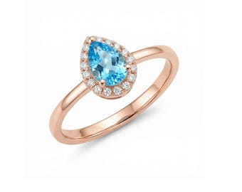 14K guldring med päron och blå topas, eleganta Halo-smycken