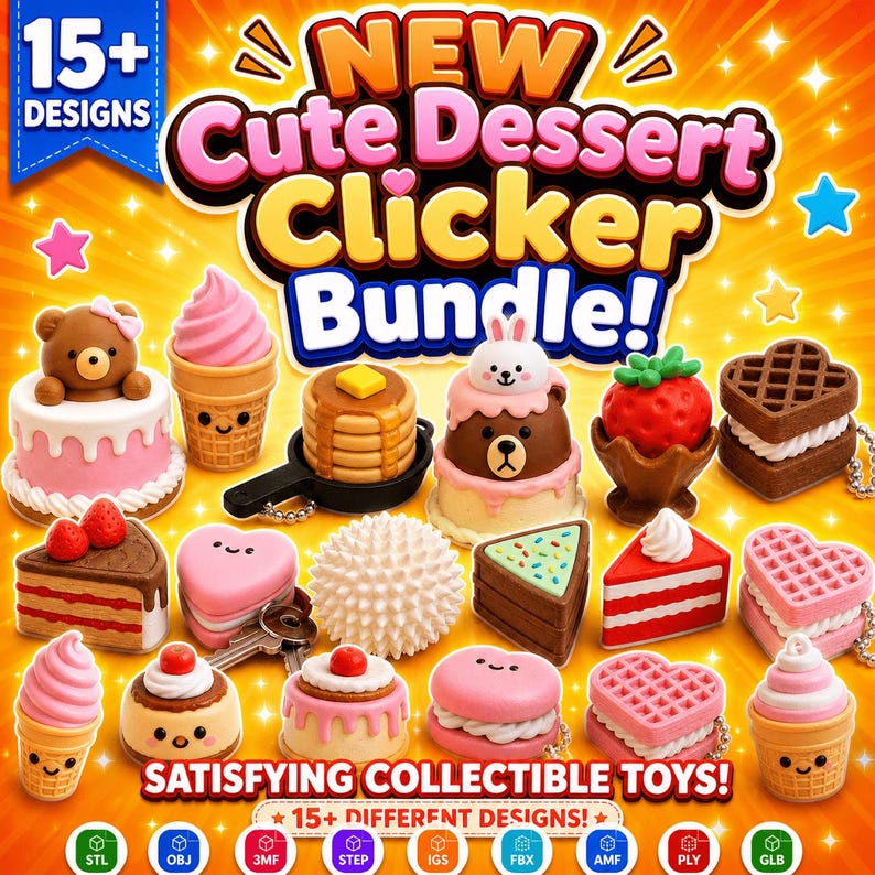 Söt dessertklickarpaket STL 3MF | Fidgetklickarfiler för kakor och våfflor | Kawaii-mat 3D-utskriftsleksakspaket | 10+ designer bild 1