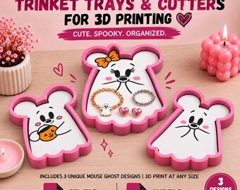 3-in-1 Mouse Ghost Trinket Tray & Cutter 3D Print Files | Cute Halloween Bead Tray STL | Spooky Jewelry Dish 3MF Bundle