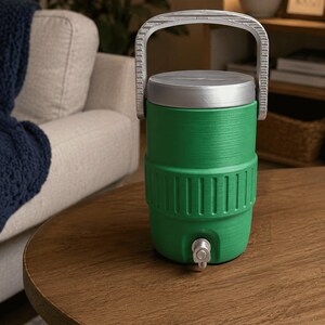 K&ouml;nnte beinhalten: Ein gr&uuml;ner Wasserk&uuml;hler mit silbernem Deckel und Griff steht auf einem Holztisch. Der K&uuml;hler hat einen Wasserhahn und ein strukturiertes Design. Der Griff besteht aus hellgrauem Material.