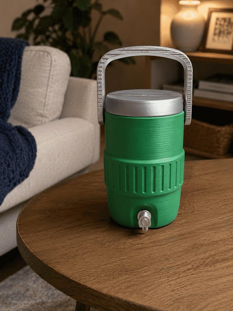 K&ouml;nnte beinhalten: Ein gr&uuml;ner Wasserk&uuml;hler mit silbernem Deckel und Griff steht auf einem Holztisch. Der K&uuml;hler hat einen Wasserhahn und ein strukturiertes Design. Der Griff besteht aus hellgrauem Material.