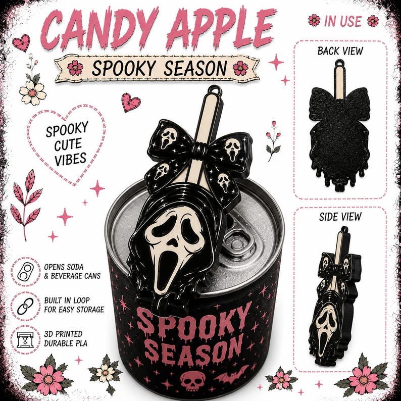 May include: A black and cream-colored plastic can opener shaped like a ghost mask with a bow, featuring a built-in loop for storage. The design includes a ghost face pattern on the bow and a larger ghost face on the main body, shown in use on a soda can.