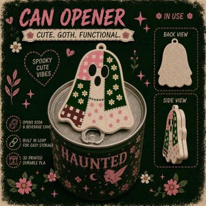 May include: A ghost-shaped can opener featuring a patchwork design of pink, white, and dark green floral and checkered patterns. The tool includes a built-in loop for storage and is labeled as 3D printed durable PLA, designed to open soda cans.