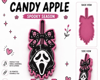 May include: A pink and black candy apple shaped trinket tray with a ghost face mask design and a bow. The tray features a front view, a back view, and a side view. Text includes TRINKET TRAY, CANDY APPLE, SPOOKY SEASON, STL, 3MF, and other details.