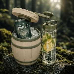 May include: A refreshing outdoor scene featuring a green and beige barrel cooler with a can of "Forest Mist - Energy Drink" inside, surrounded by ice. A clear water bottle with lemon slices and a mountain design is also present.