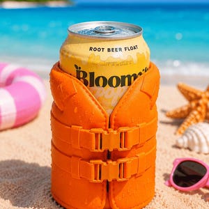 May include: A yellow can of "Root Beer Float" soda in an orange life vest-style can cooler on a sandy beach. The can cooler has two buckles. The background shows the ocean, a pink inflatable ring, a starfish, and pink sunglasses.