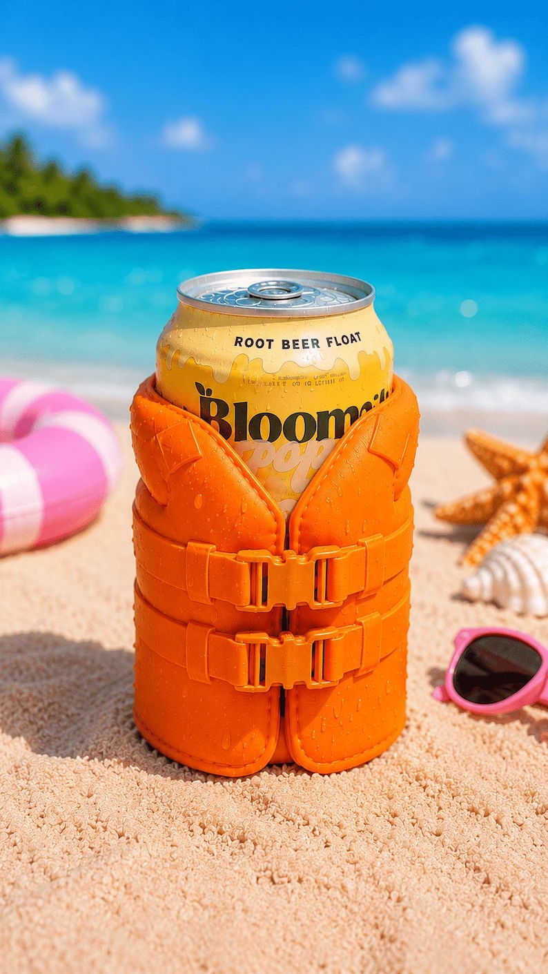 May include: A yellow can of "Root Beer Float" soda in an orange life vest-style can cooler on a sandy beach. The can cooler has two buckles. The background shows the ocean, a pink inflatable ring, a starfish, and pink sunglasses.