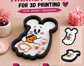Cute Mouse Ghost Trinket Tray 3D Print File | Spooky Halloween Jewelry Dish STL | Pumpkin Candy Organizer 3MF Digital Download