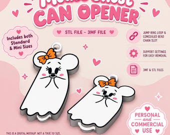 Mouse Ghost Can Opener STL 3MF, Cute Halloween Soda Tab Opener Keychain 3D Print File, Spooky Nail Saver Digital Download