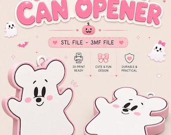 May include: A digital file for a Mouse Ghost can opener featuring a white ghost-shaped design with pink outlines, pink cheeks, and a small loop at the top. The text reads Mouse Ghost CAN OPENER, STL FILE - 3MF FILE, 3D PRINT READY, CUTE & FUN DESIGN, DURABLE & PRACTICAL.