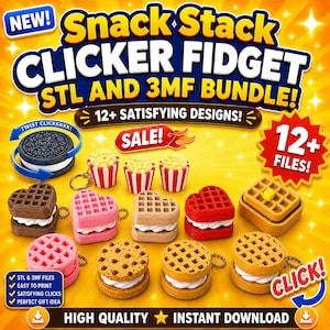 Snack Stack Clicker Fidget STL 3MF Bundle | Waffel- & Lebensmittel-Clicker 3D-Druckdateien | Befriedigendes Schreibtischspielzeug | Über 12 Designs