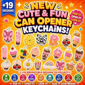 Puede incluir: Una colección de llaveros abrebotellas coloridos con varios diseños, incluyendo lazos, flores, frutas, animales y alimentos. La imagen incluye texto como NEW CUTE & FUN CAN OPENER KEYCHAINS, POP IT! OPEN IT! LOVE IT! y +19 DESIGNS.