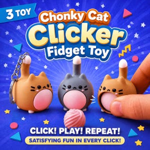 Puede incluir: Tres "Chonky Cat Clicker Fidget Toys" en marrón y gris, cada uno con una panza rosa y una cola con punta blanca. Uno tiene un llavero. Los juguetes están sobre un fondo azul con el texto "Click! Play! Repeat! Satisfying fun in every click!"