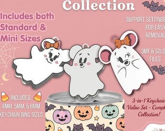 May include: A digital collection of soda can opener keychain designs featuring three ghost-shaped openers with cartoon faces. The background displays a pattern of pumpkins, bats, and cats, with text including Soda Can Opener Keychain Collection.