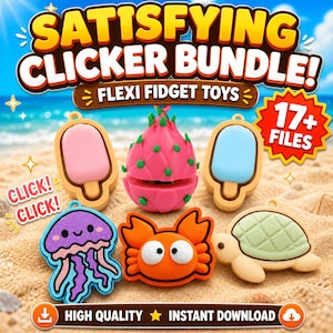 Könnte beinhalten: Eine Sammlung farbenfroher Flexi-Fidget-Spielzeuge, darunter ein rosa Eis am Stiel, eine Drachenfrucht, ein blaues Eis am Stiel, eine lila Qualle, eine orangefarbene Krabbe und eine grüne Schildkröte. Der Text "SATISFYING CLICKER BUNDLE!" ist zu sehen.