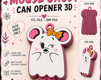 May include: A 3D printed mouse ghost can opener featuring a white body with pink ears, a yellow bow, and black facial details. The design includes a built-in loop for storage, with text labels indicating STL and 3MF file formats for soda cans.