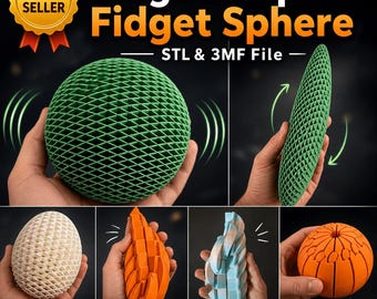 May include: A promotional image showcases a 'Mega Morph Fidget Sphere' with various transformations. The image features a green sphere, a green elongated shape, a beige egg shape, an orange shape, a blue and white shape, and an orange sphere. Text includes 'Best Seller' and '10+ FILES'.