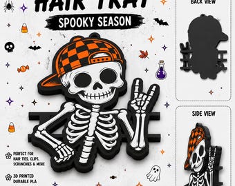May include: A black and white skeleton figure wearing an orange and black checkered baseball cap, making a hand gesture. The tray features a horizontal bar for storage. Text includes BOY SKELETON HAIR TRAY, SPOOKY SEASON, BACK VIEW, SIDE VIEW, STL FILE, and 3MF FILE.