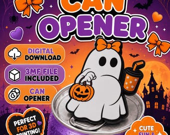 May include: A digital download 3D printable can opener featuring a white ghost character with an orange bow, holding a jack-o'-lantern bucket and an orange drink. The design includes text labels for digital download, 3MF file, and can opener.