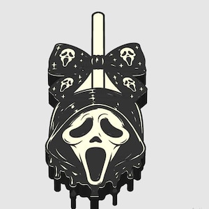 May include: A black and white graphic illustration of a popsicle shaped like a hooded ghost mask. The design features a large bow at the top decorated with small ghost mask icons and stars, with the melting ghost face centered below the bow.