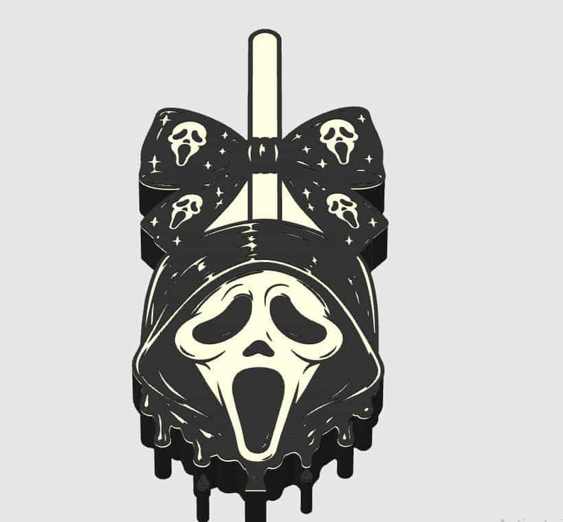 May include: A black and white graphic illustration of a popsicle shaped like a hooded ghost mask. The design features a large bow at the top decorated with small ghost mask icons and stars, with the melting ghost face centered below the bow.