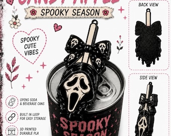 May include: A black plastic can opener featuring a ghost mask design with a bow, positioned on a soda can. The product includes a built-in loop for storage and is labeled with text including CANDY APPLE, SPOOKY SEASON, and SPOOKY CUTE VIBES.